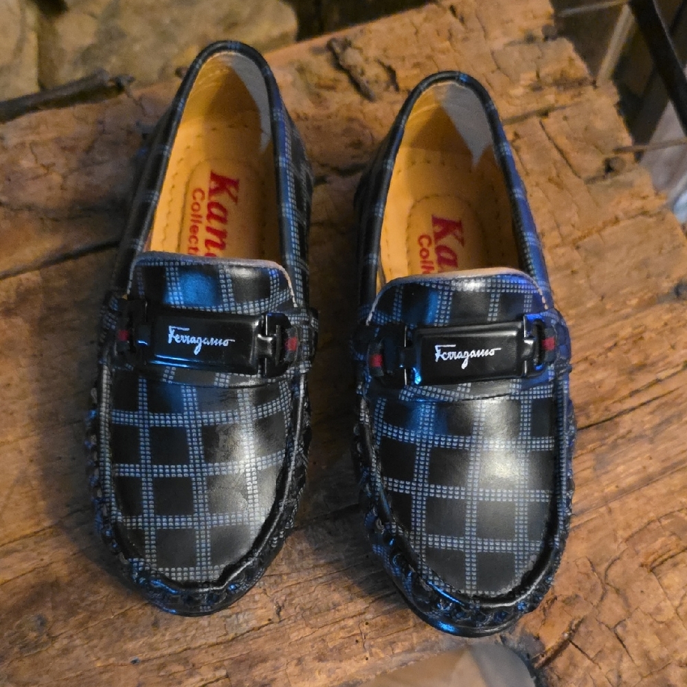 Salvatore Ferragamo Black and Gray Checkered Loafers